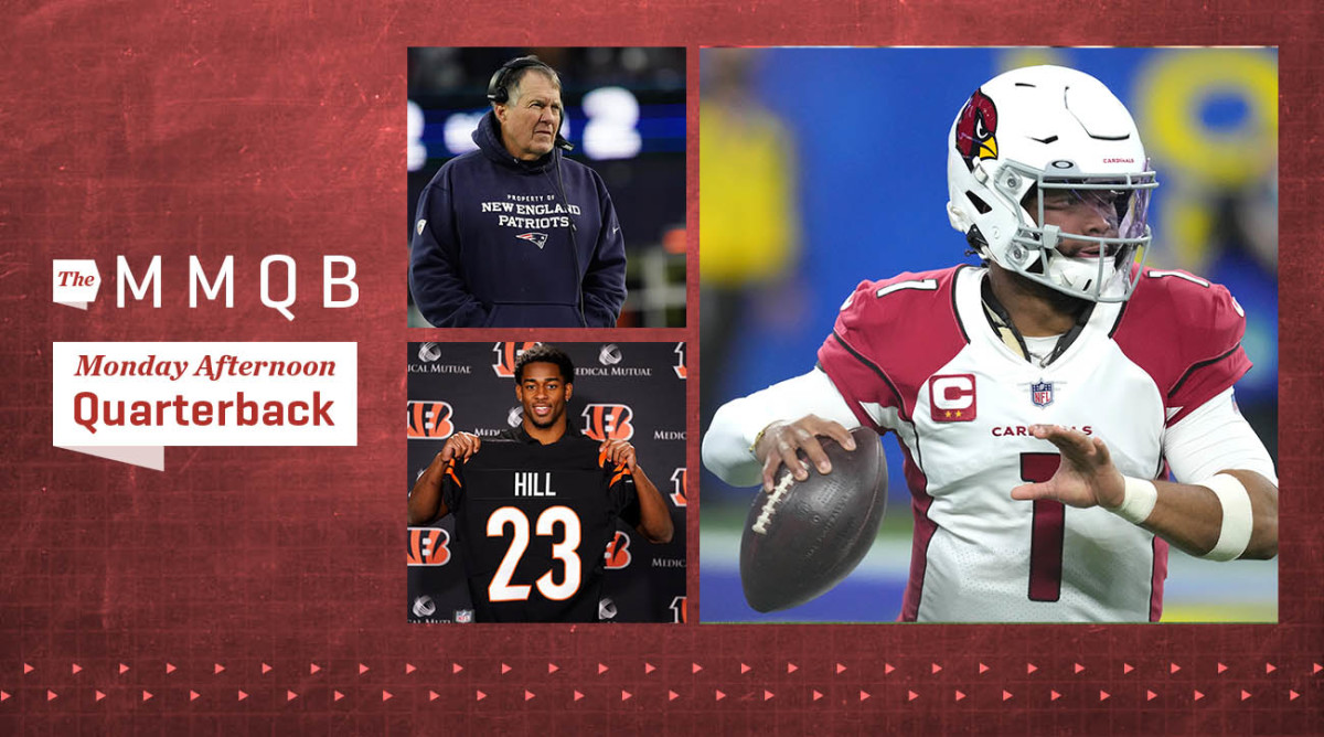 Bill Belichick at a 2021 Patriots game; Daxton Hill holding his No. 23 Bengals jersey; Kyler Murray throwing a pass